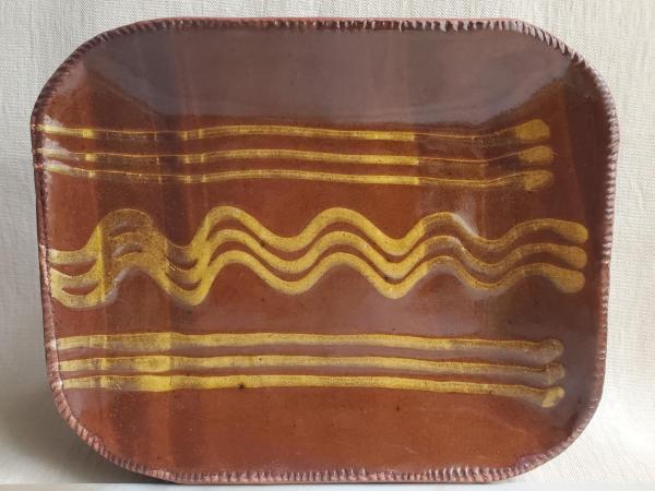 Handcrafted Rectangular Redware Platter with Golden Slip Pattern, Food Safe, Antiqued