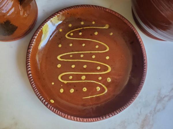 Redware 9 in. Plate with Golden Slip Motif, Food Safe, Antiqued