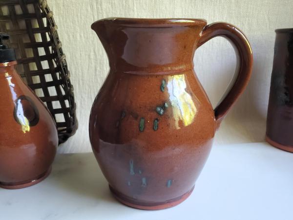 Redware Pitcher by Pied Potter Hamelin, Lead-Free Glaze Spangles, Signed Antiqued