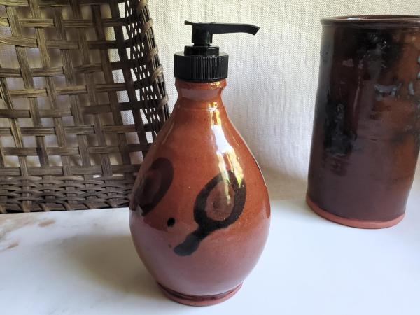 Redware Soap or Lotion Pump Dispenser, Handmade by Rick of Pied Potter Hamelin, Featuring Dapples