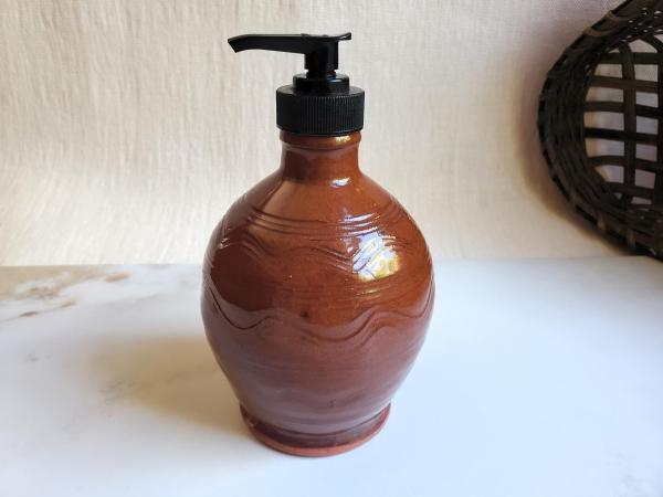 Redware Soap Dispenser, Wheel-Thrown, Antiqued, Incised Pattern
