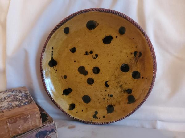 Redware 9 in. Plate with Black Dapples, Food Safe, Antiqued