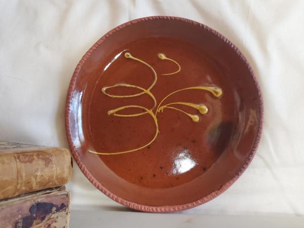 Redware 9 in. Plate with Feather Pattern, Antiqued
