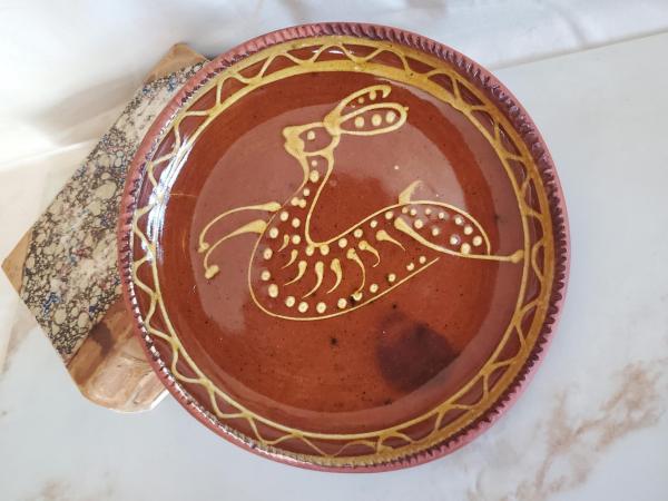 Redware 9 in. Plate with Rabbit Pattern, Antiqued