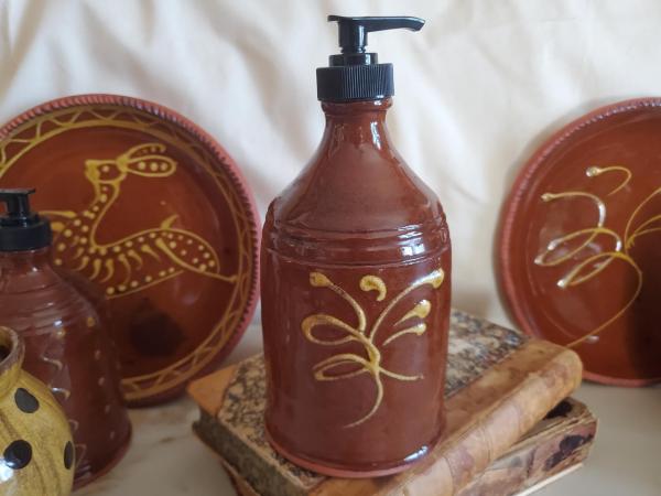 Redware Soap or Lotion Dispenser Bottle with Feather Pattern