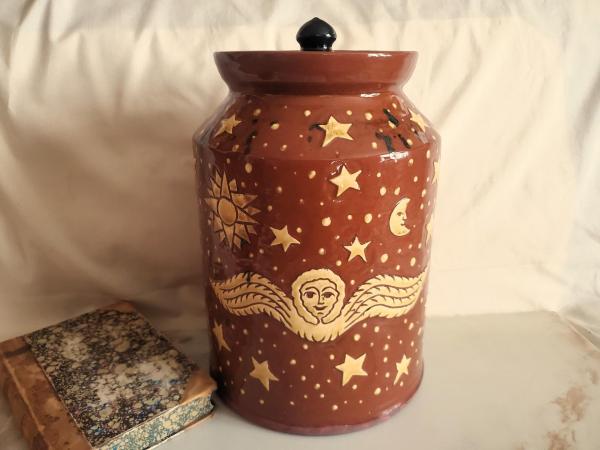 Unique Large Redware Jar, Angel with Moon and Sun Sgrafitto Motif 