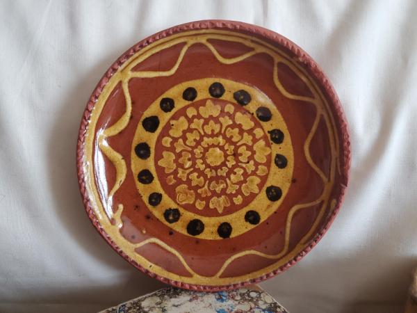 Redware 7 in. Plate, One-of-a-Kind with Slip Motif, Food Safe, Antiqued
