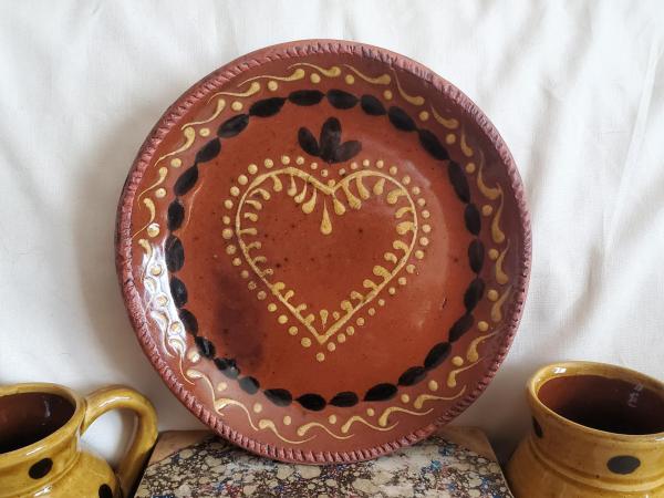 Redware 9 in. Plate, One-of-a-Kind, with Slip Motif, Food Safe, Antiqued