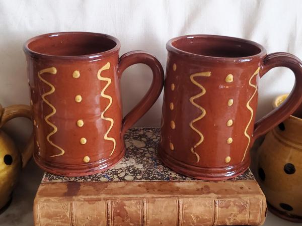 Handmade Redware Mugs (2) with Squiggles and Dots Pattern