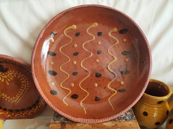 Redware 11 in. Plate, One-of-a-Kind Slip Motif, Food Safe, Antiqued