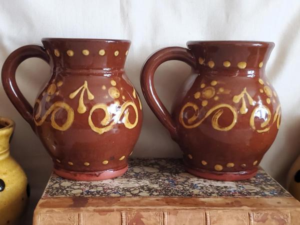 Redware Mugs (2) with Slip Pattern, Handmade