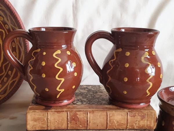 Redware Mugs (2) with Squiggles and Dots Pattern, Handmade