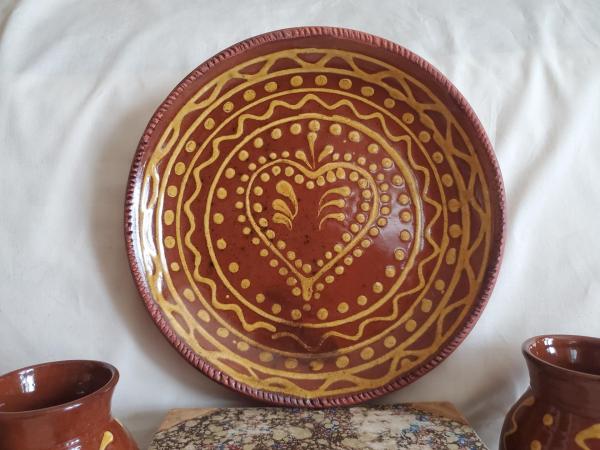 Redware 11 in. Plate, One-of-a-Kind Slip Motif, Antiqued