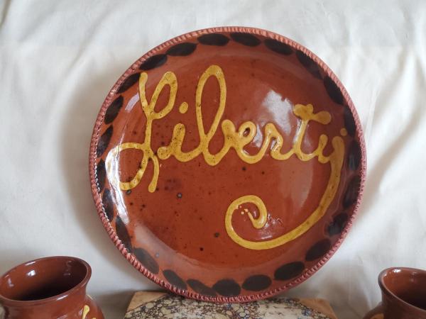 Redware 11 in. Plate, One-of-a-Kind "Liberty" Slip Motif, Antiqued