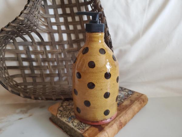 Redware Soap or Lotion Dispenser Bottle with Black Dots
