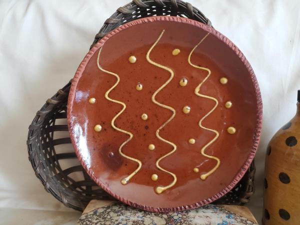 Redware 9 in. Plate, Squiggles and Dots Pattern, Antiqued