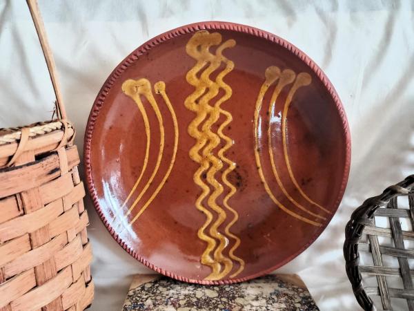 Redware 11 in. Plate, One-of-a-Kind Traditional Slip Motif, Antiqued
