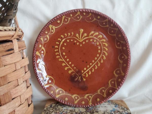 Redware 9 in. Plate, Heart Motif, Antiqued, Lead Free Glaze