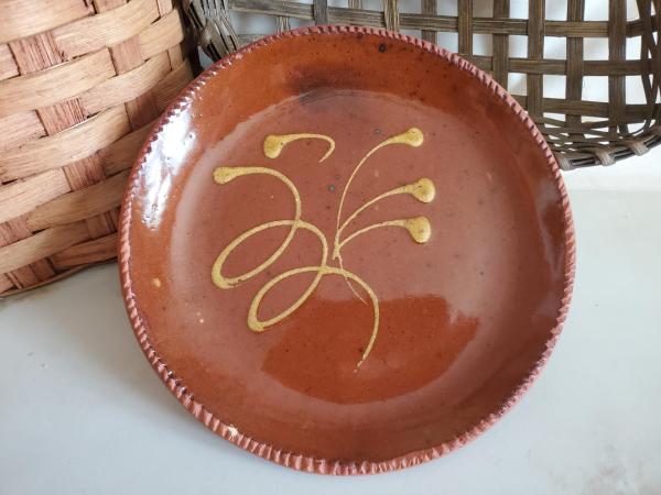 Redware 9 in. Plate, Feather Motif, Antiqued