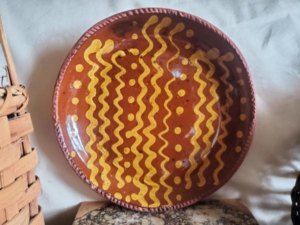 Redware 9 in. Plate, One-of-a-Kind Traditional Motif,  Antiqued