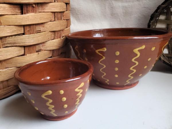 Redware Nesting Bowls (2), Squiggles and Dots Pattern, Antique Finish