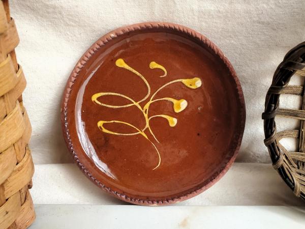 Slip-Decorated Redware 7 in. Plate with Feather Motif