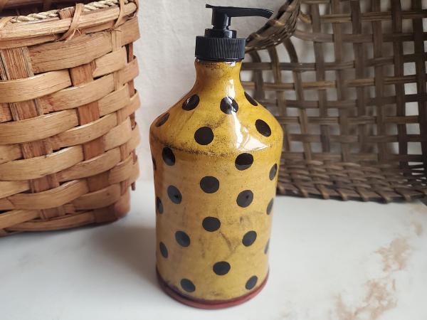 Redware Soap or Lotion Dispenser Bottle, Large Size with Black Dots