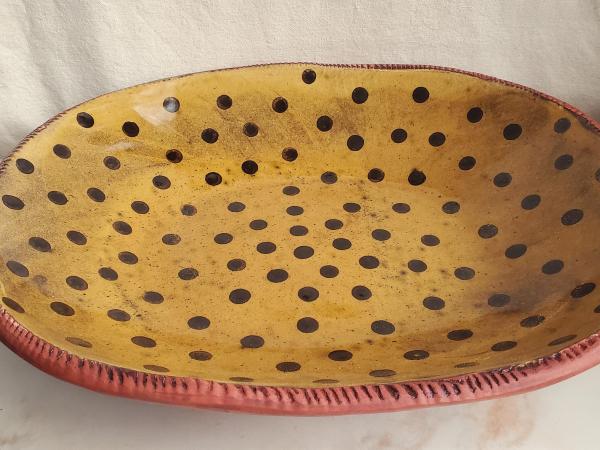 Redware Deep Trencher with Black Dots