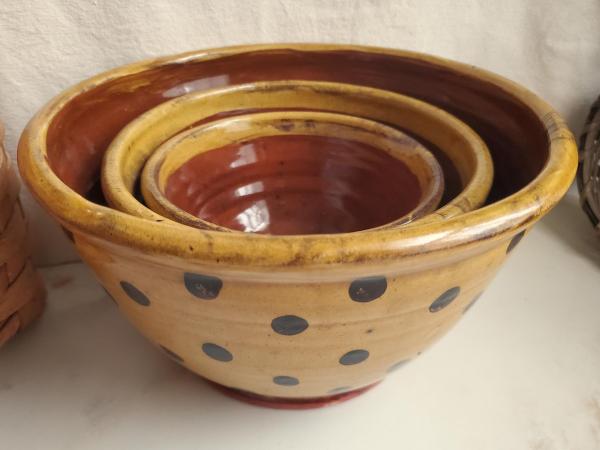 Redware Nesting Bowls (3), Black Dots, Glazed and Antiqued