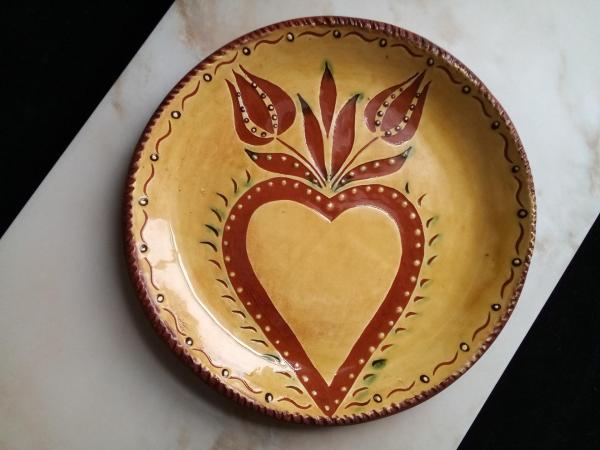 Custom Order Redware 11 in Plate with Heart and Tulips Sgraffito Motif