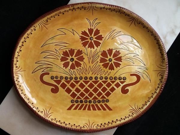 Custom Order Kulina Folk Art Redware Oval Platter with Flower Basket Sgraffito Decoration