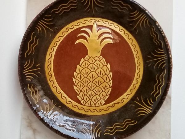 Custom Order Kulina Folk Art Redware 11 in. Plate with a Pineapple Sgraffito Motif