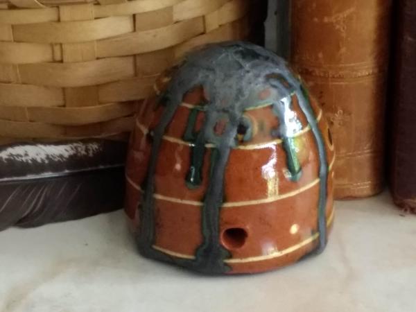 Redware Mini Bee Skep with Gray Accents (a)