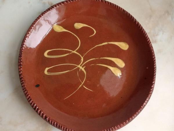 Custom Order Pied Potter Hamelin Redware 11" Plate, Feather Motif