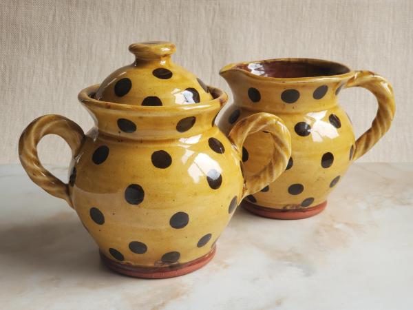 Redware Jar with Rope Handles and Black Polka Dots