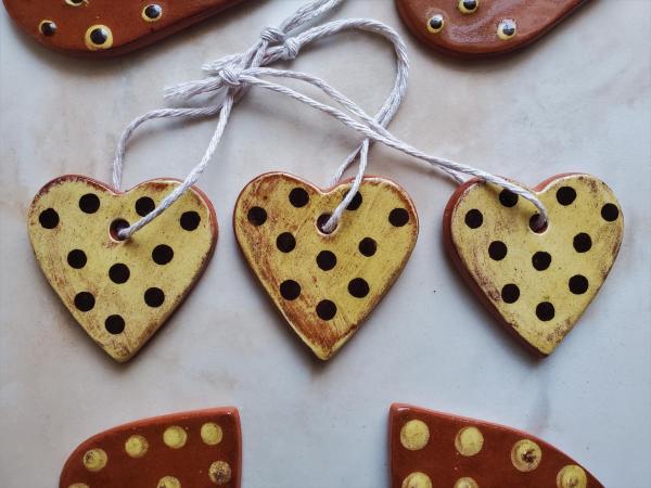 Redware Mini Heart Ornaments with Black Polka Dots