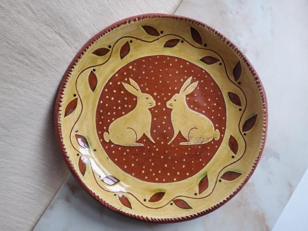 Custom Order Kulina Folk Art Redware 11 in. Plate with Two Rabbits and Leaves Motif