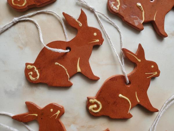 Redware Rabbit Ornaments with Slip Decoration